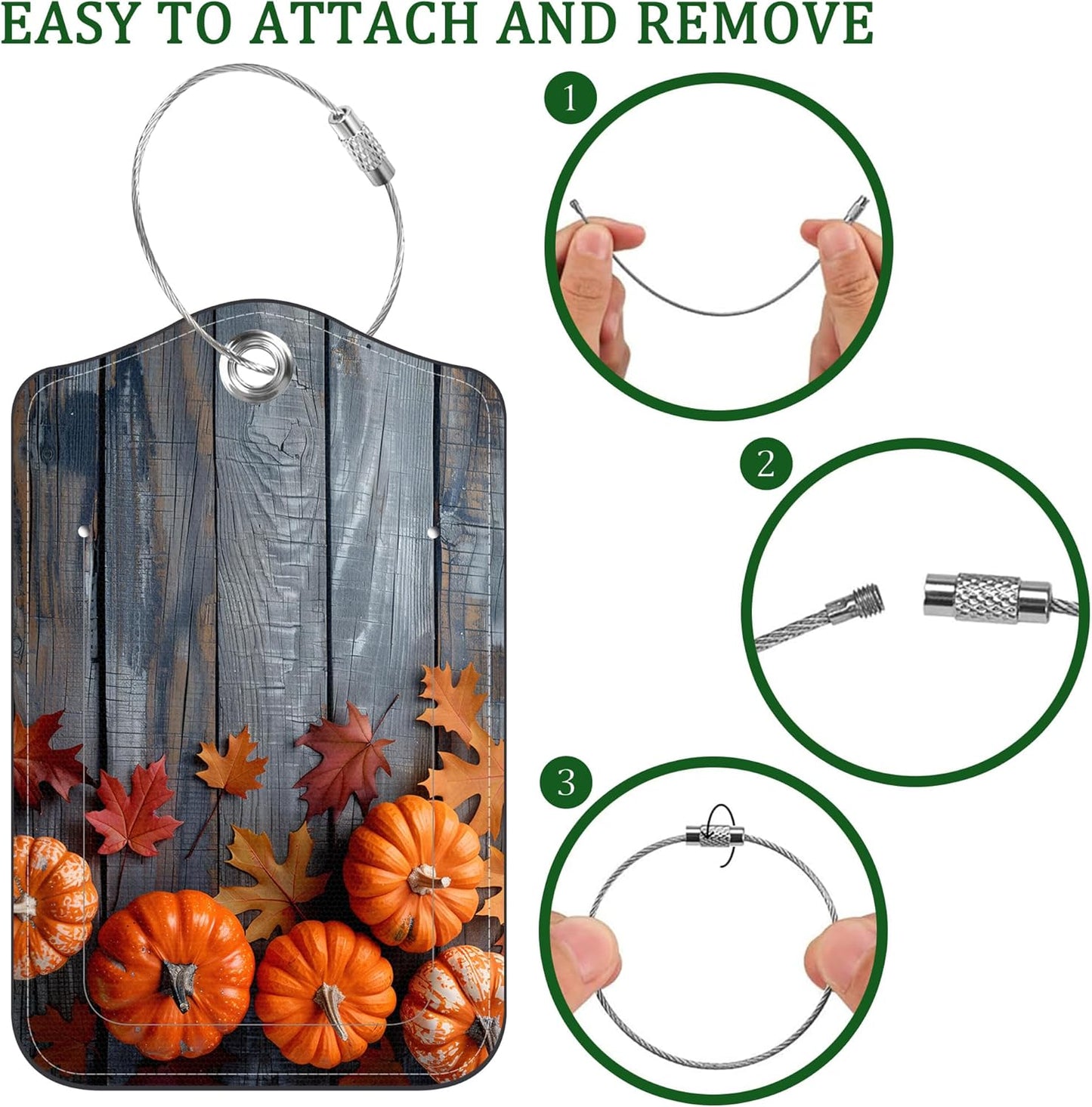 2 Pack Luggage Tag for Suitcase Thanksgiving Day Pumpkins Autumn Leaves Leather Suitcase Tags with Privacy Name ID Label and Stainless Steel Loop for Travel Bag