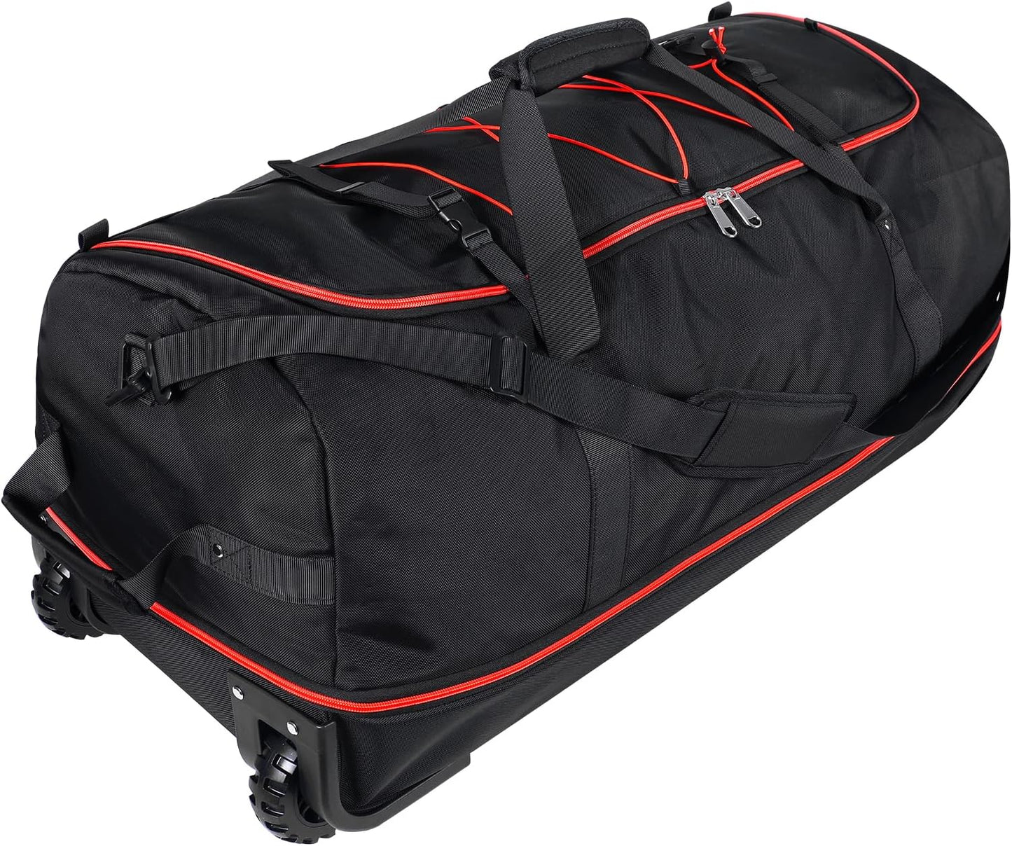 110L/140L Expandable Soft-Sided Foldable Duffle Bag with 2 Rubber Wheels,Packable 32” Rolling Carry-On with Multi-Pockets & Compartments,Black Red