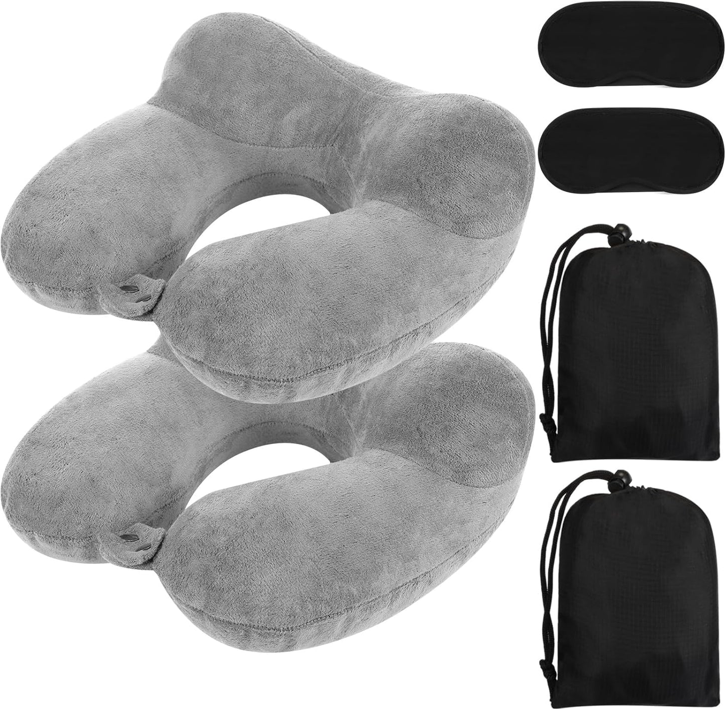Sintuff 2 Pack Inflatable Travel Pillow for Airplanes Inflatable Neck Flight Pillows with Compact Bag and Blindfold for Traveling, Airplane, Train, Car, Office(Gray)