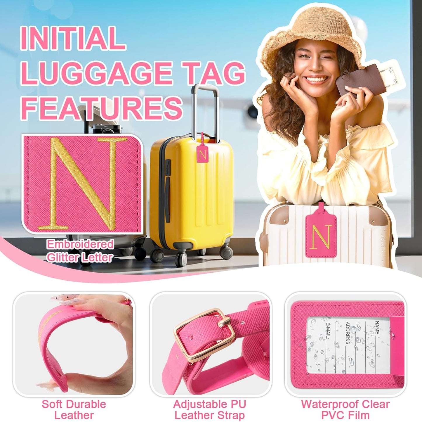 Personalized Rose Red Leather Initial Luggage Tags - Cute Embroidered Custom Monogram Name Card Cover Travel Backpack Gift for Women & Kids