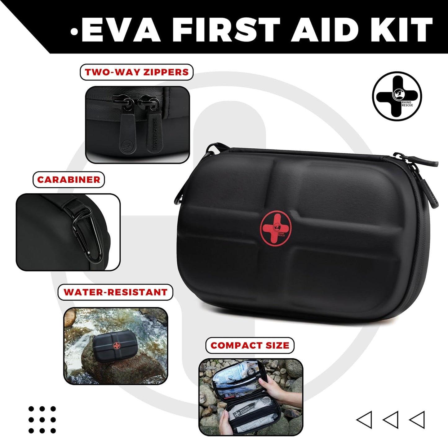 RHINO RESCUE EVA First Aid Kit, Small Waterproof Portable Emergency Hiking First Aid Kit for Backpacking, Medical Kit for Travel, Home, Car, College Dorm, Camping, Boat, Back to School (Black)