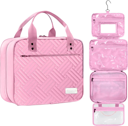 ESSENTE Women's Travel Toiletry Bag with Removable Pouch and Hanging Hook - Water Resistant Makeup Cosmetic Oraganizer with Multiple Compartments for Accessories (PRETTY IN PINK)