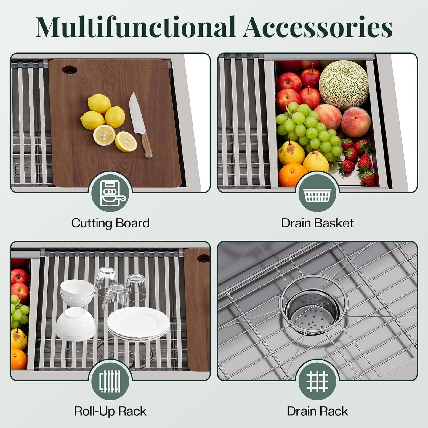 31.5-Inch Undermount Kitchen Sink Workstation, 16 Gauge 304 Stainless Steel Single Bowl Kitchen Sink with Cutting Board, Drying Rack, Roll-Up Rack and Drain Assembly