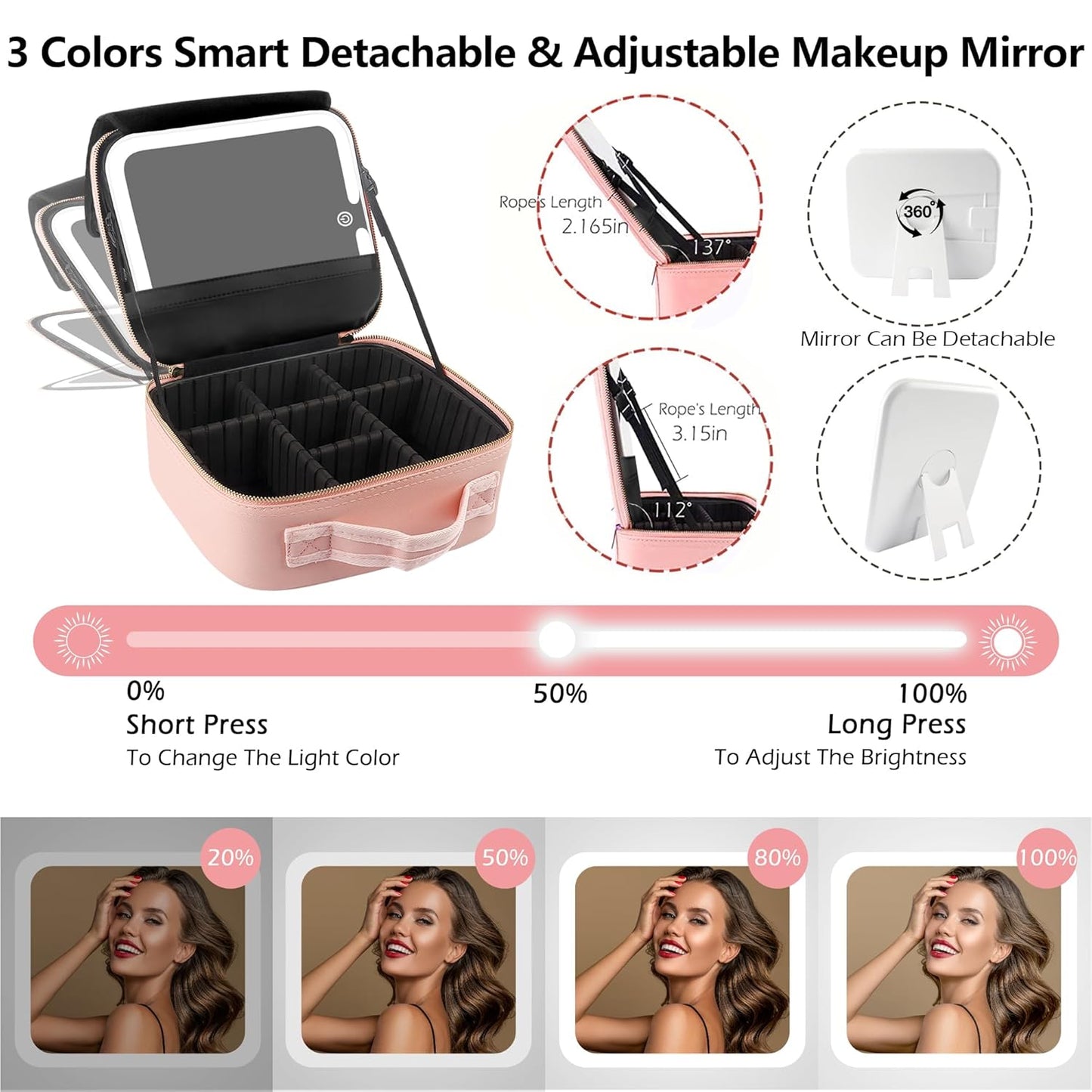 MOMIRA Travel Makeup Bag Cosmetic Bag with Lighted Mirror, Adjustable Brightness in 3 Color Scenarios, Waterproof, 10x Magnifying Mirror, Rotatable Independent Light Mirror- Pink(Solid)