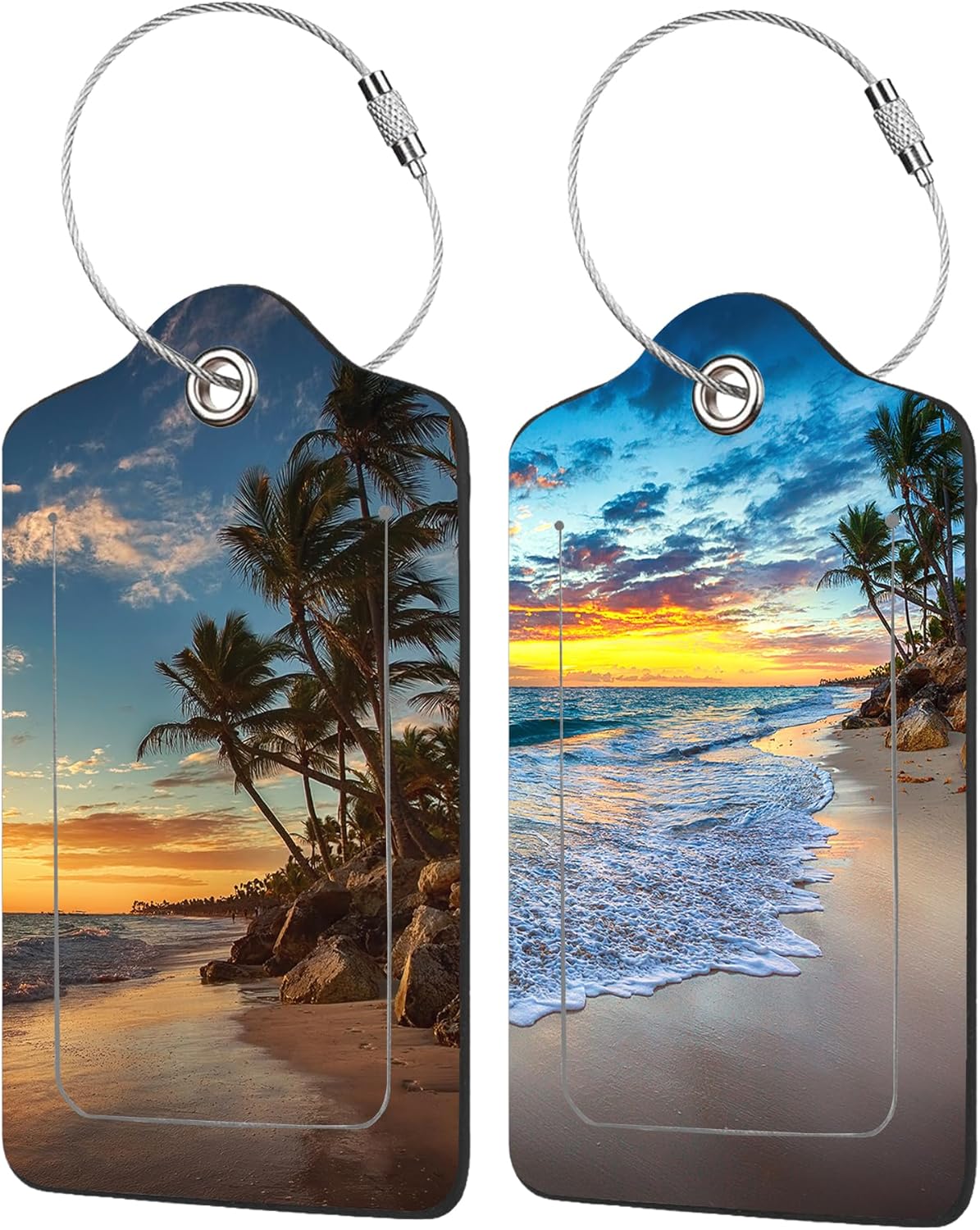 2 Pack Sunrise Over The Beach Luggage Tag for Suitcases Beach with Palm Trees PU Leather Bag Travel Suitcase ID Identifier Baggage Tags for Women Men Travel