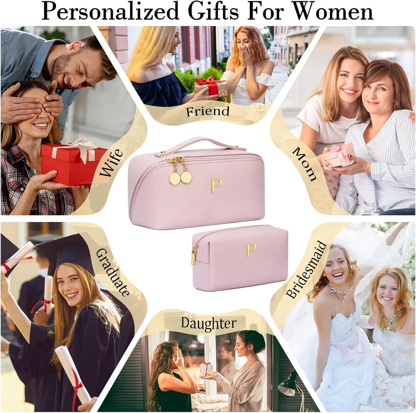 Birthday Gifts for Women Teen Girl, Personalized Initial Makeup Organizer Bag Set, Open Flat Travel Cosmetic Bag With Clear Divider and Handle(Pink,P)