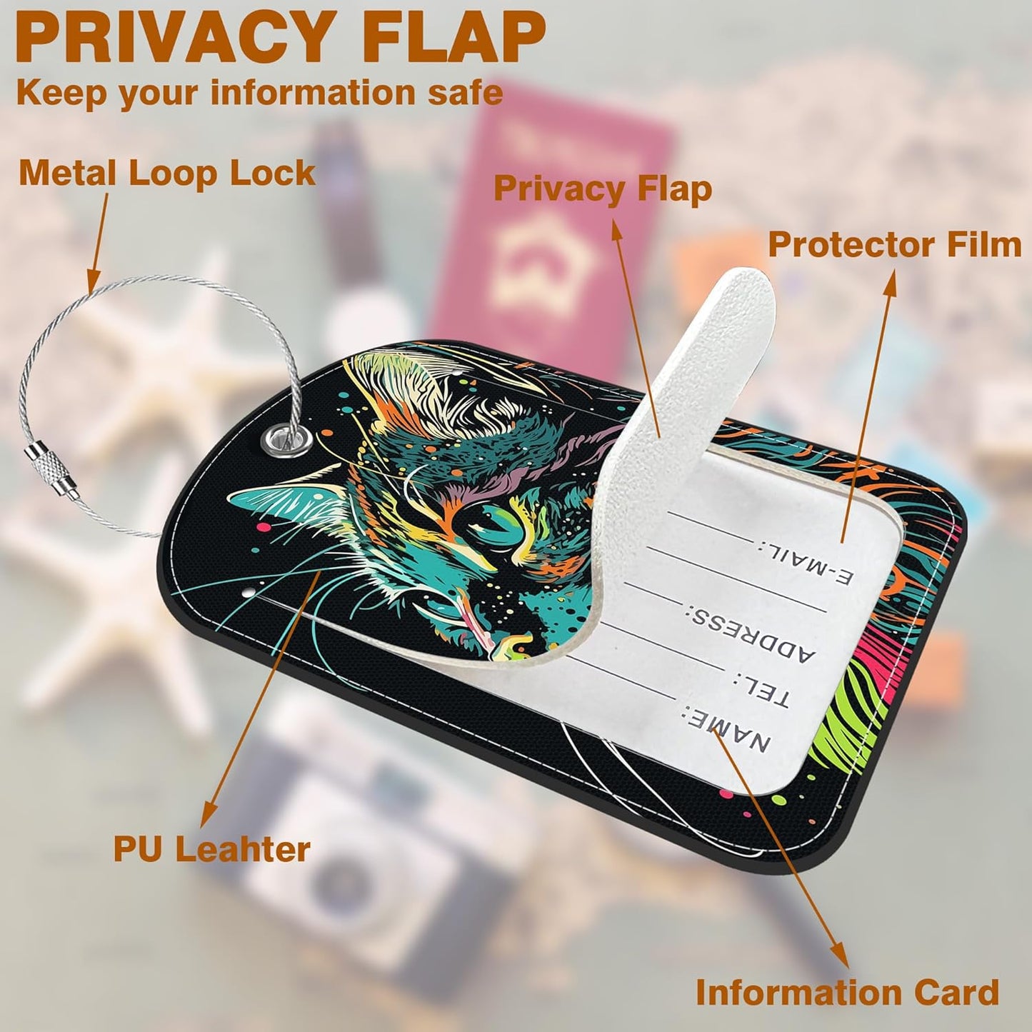 2 Pack Luggage Tag for Suitcase Colorful Cat Leather Suitcase Tags with Privacy Name ID Label and Stainless Steel Loop for Travel Bag