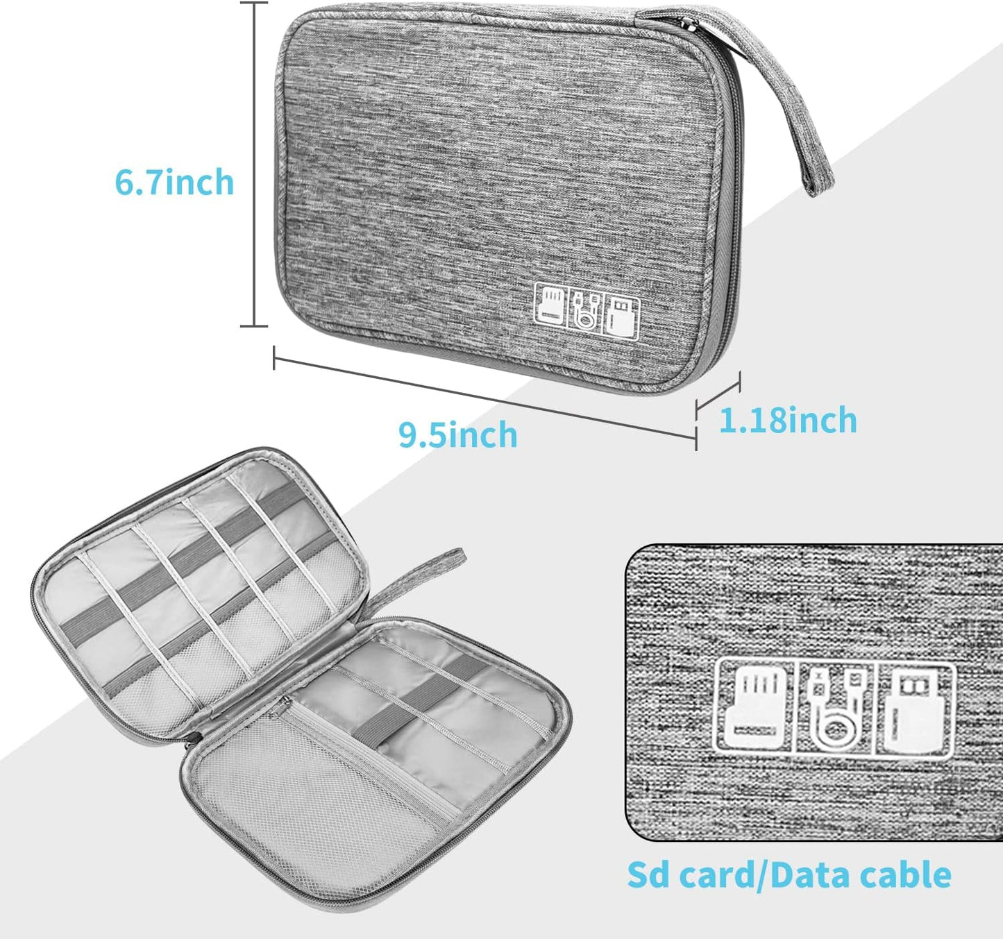 Electronics Organizer Travel Case,Electronic Accessories Storage Bag,Portable Waterproof Cable Organizer Bag,Travel Cord Organizer Bag for Small Charging Cord Storage,Cables,SD Card (Grey)