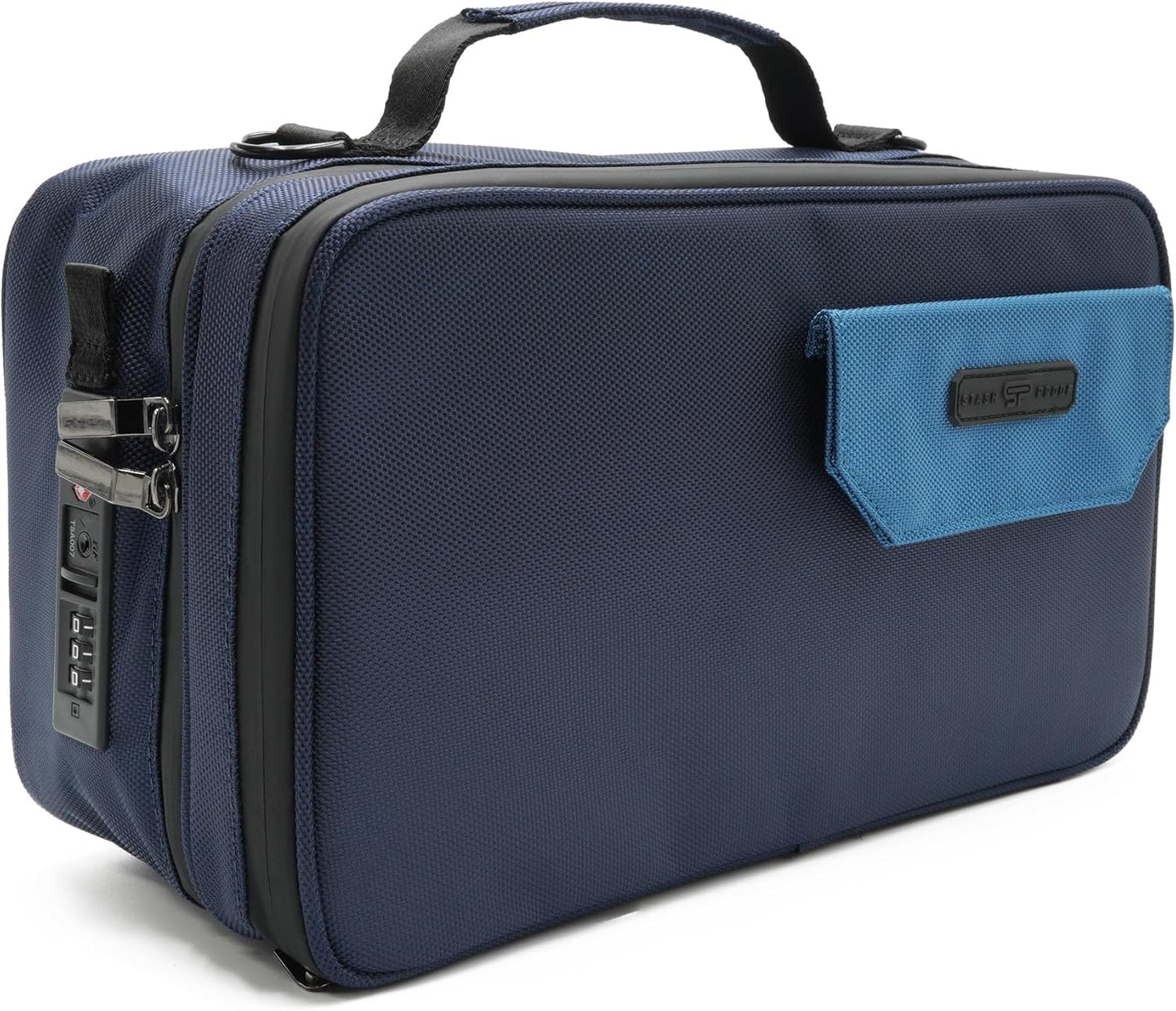 Large Storage Case with TSA Combination Lock Bag, Portable Carbon Lined, XL Medicine Lockable Box for Travel & Home Secured Box Organizer Divider Jars Accessories, Removable Tray (Blue)