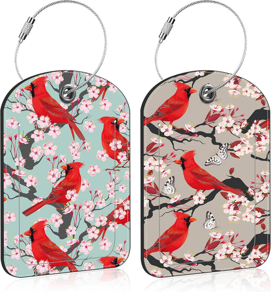2 PCS Leather Luggage Tags for Suitcase Cardinal and Blooming Cherry Travel Luggage Tag with Privacy Flap Name ID Label and Metal Loop for Travel Bag Suitcase