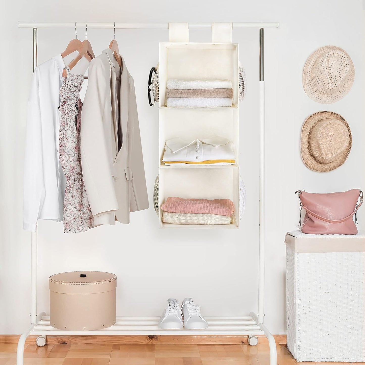 MAX Houser 3-Shelf Hanging Closet Organizer, Hanging Sweater Organizer, Foldable Hanging Shelves for Closet with 2 Velcro, Beige