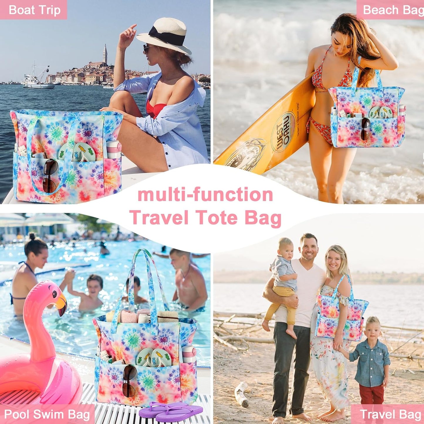 LEDAOU Beach Bag Waterproof Sandproof Women Tote Bag Pool Bag with Zipper for Gym Grocery Travel with Wet Pocket