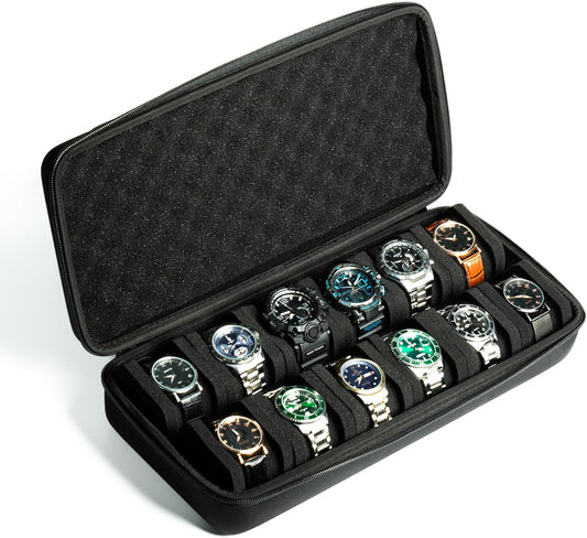 12 slots Watch Case, hard watch travel case, storage box, padded case for watch display and organization