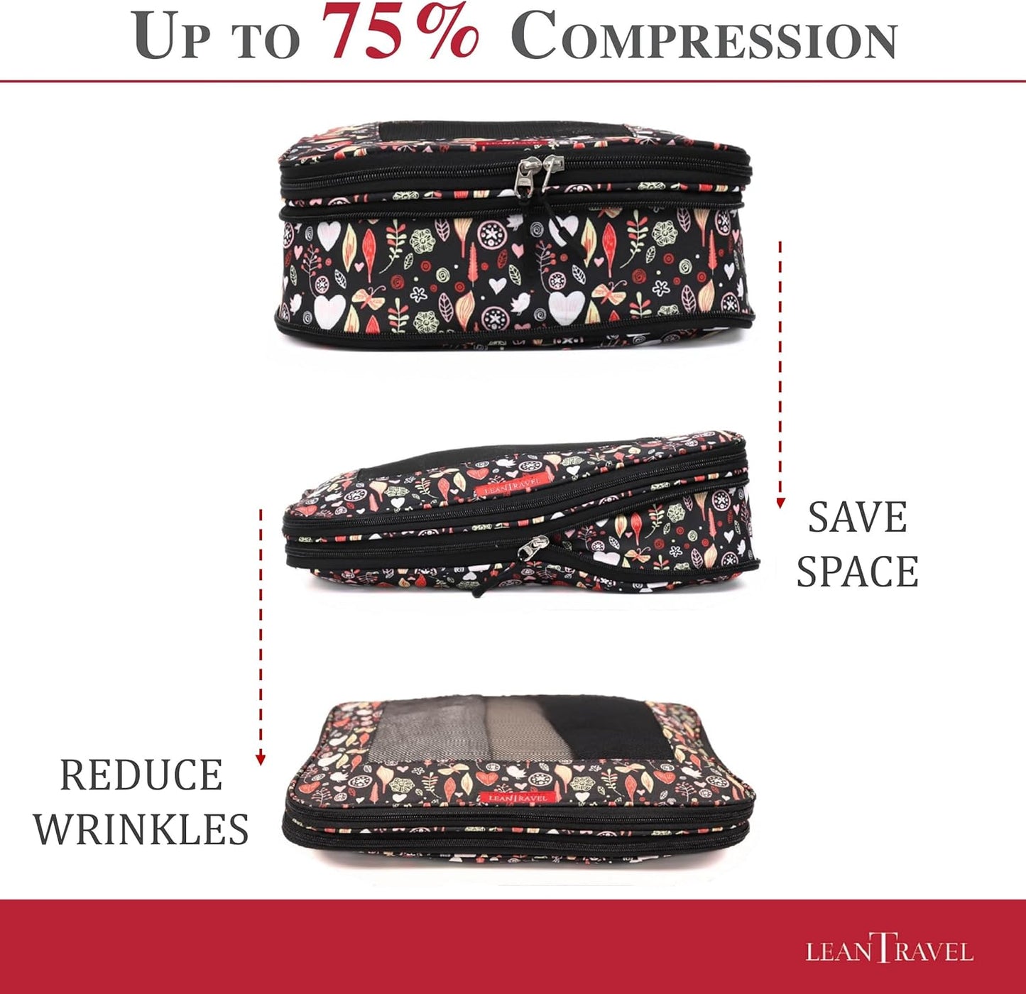 LeanTravel Compression Packing Cubes for Travel Organizers with Double Zipper (6-Pack (2L+2M+2S), Flowers & Leaves)