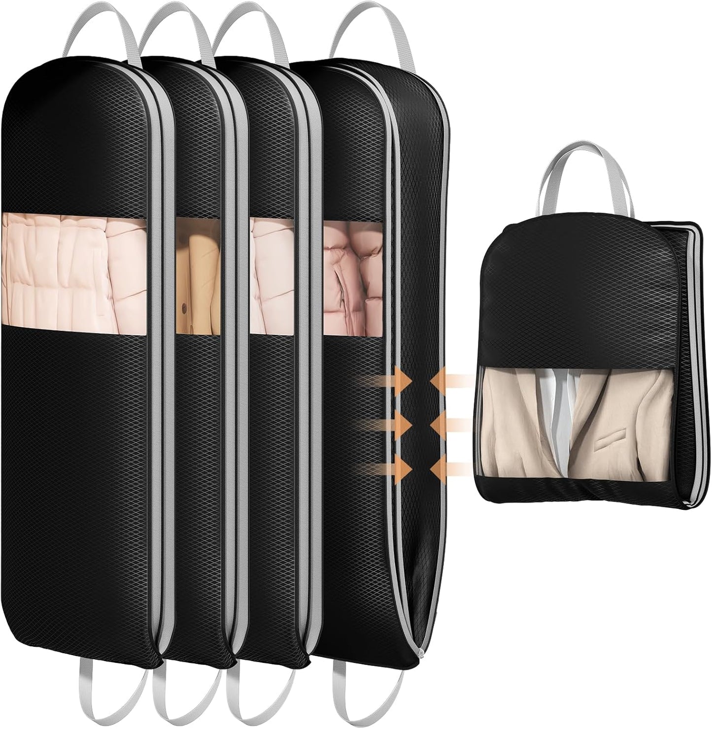 DIMJ 4 Pack 54" Garment Bags for Hanging Clothes - Space Saving Compression Suit Bag Travel with Handles Window, Washable Carry Clothing Storage Cover for Dress, Coats, Down Jacket, Shirts