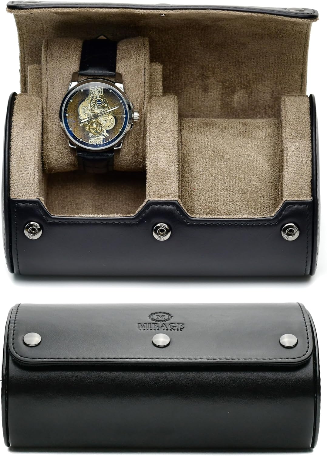 2 Watch Roll Travel Case – Leather Watch Holder Case for Travel - Black Full Grain Cow Leather (Beige Interior)