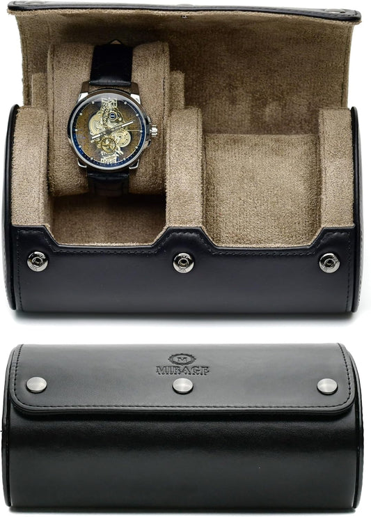 2 Watch Roll Travel Case – Leather Watch Holder Case for Travel - Black Full Grain Cow Leather (Beige Interior)
