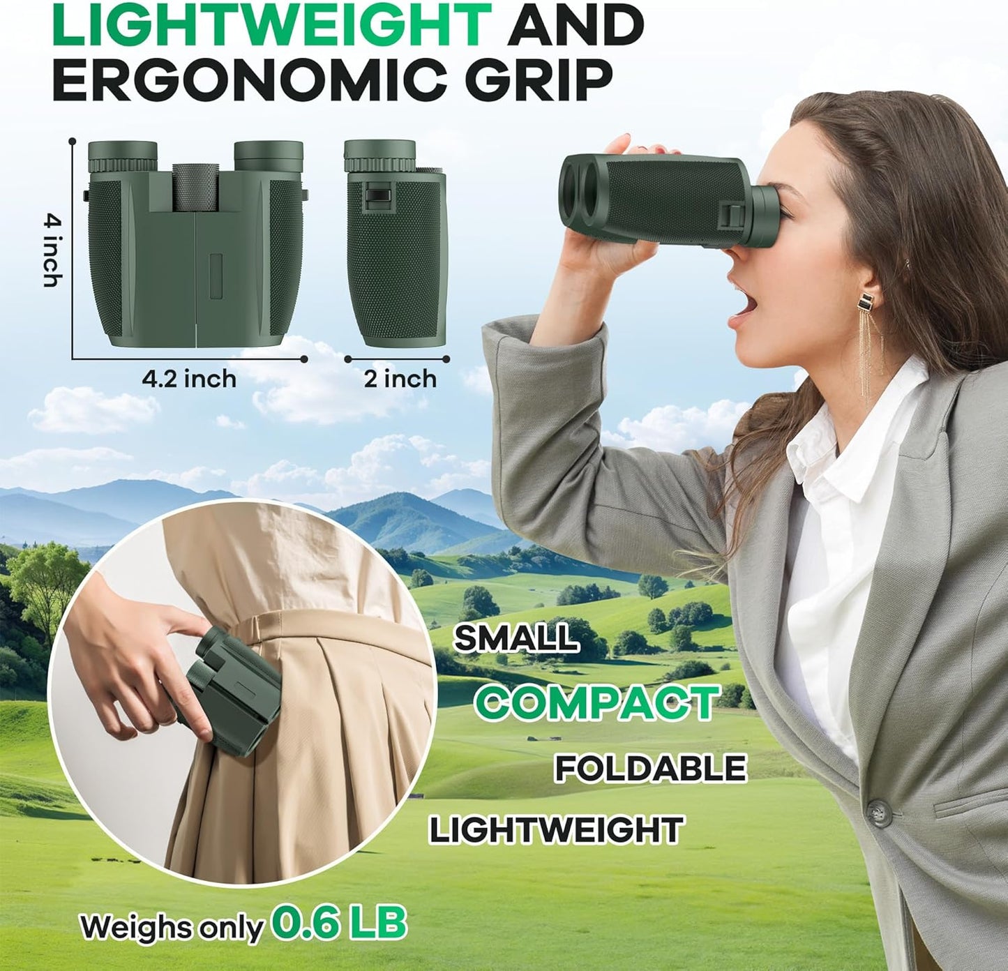 10x25 Compact Binoculars for Adults and Kids, Large View Waterproof Small Binoculars with Low Light Vision BAK4 Prism FMC Lens for Cruise Ship Bird Watching Travel Sightseeing Concert Hunting