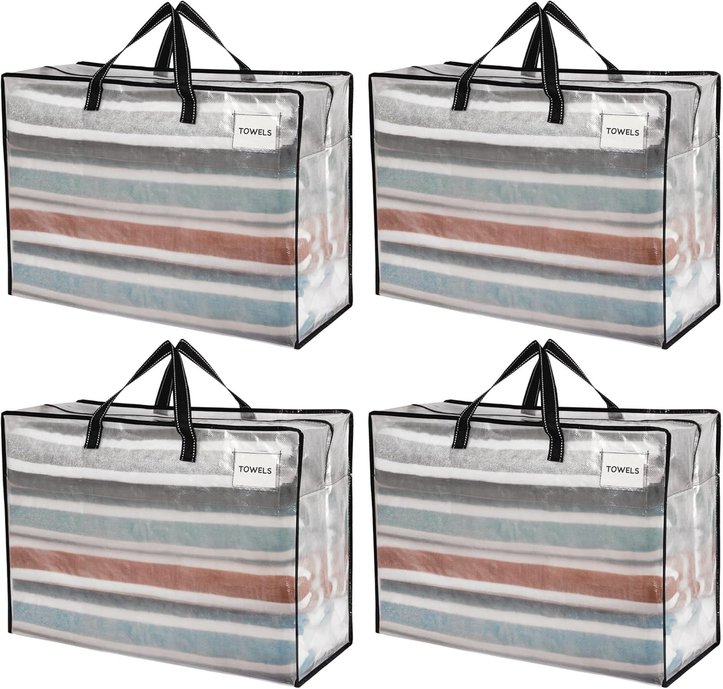 VENO 4 Pack Heavy Duty Moving Bags, Storage Bags, Packing Supplies, Top Zipper, Storage Totes for Camping, Clothes, Bedding, Comforters, Pillows (27 Gallon Clear, 4 Pack)