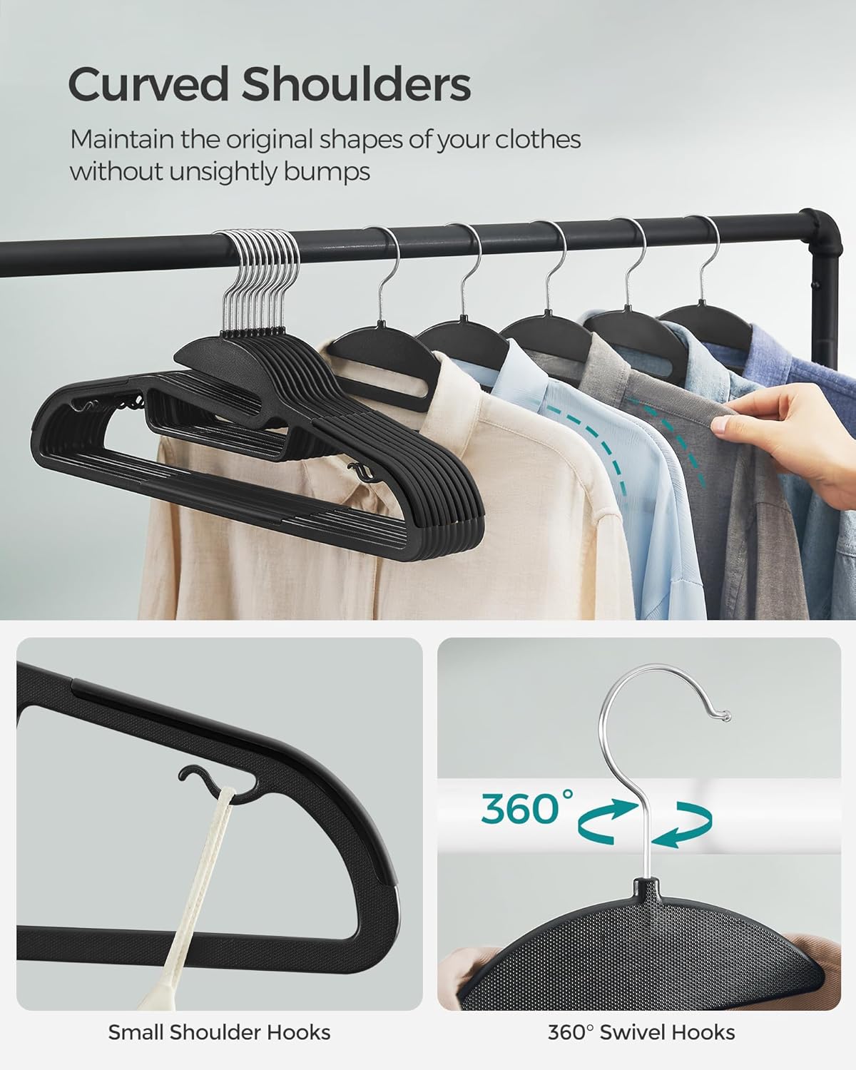SONGMICS 50 Pack Coat Hangers, Heavy-Duty Plastic Suit Hangers, S-Shaped Opening, Space-Saving, 360º Swivel Hook, 16.3 Inches Wide, Ink Black UCRP41BK-50
