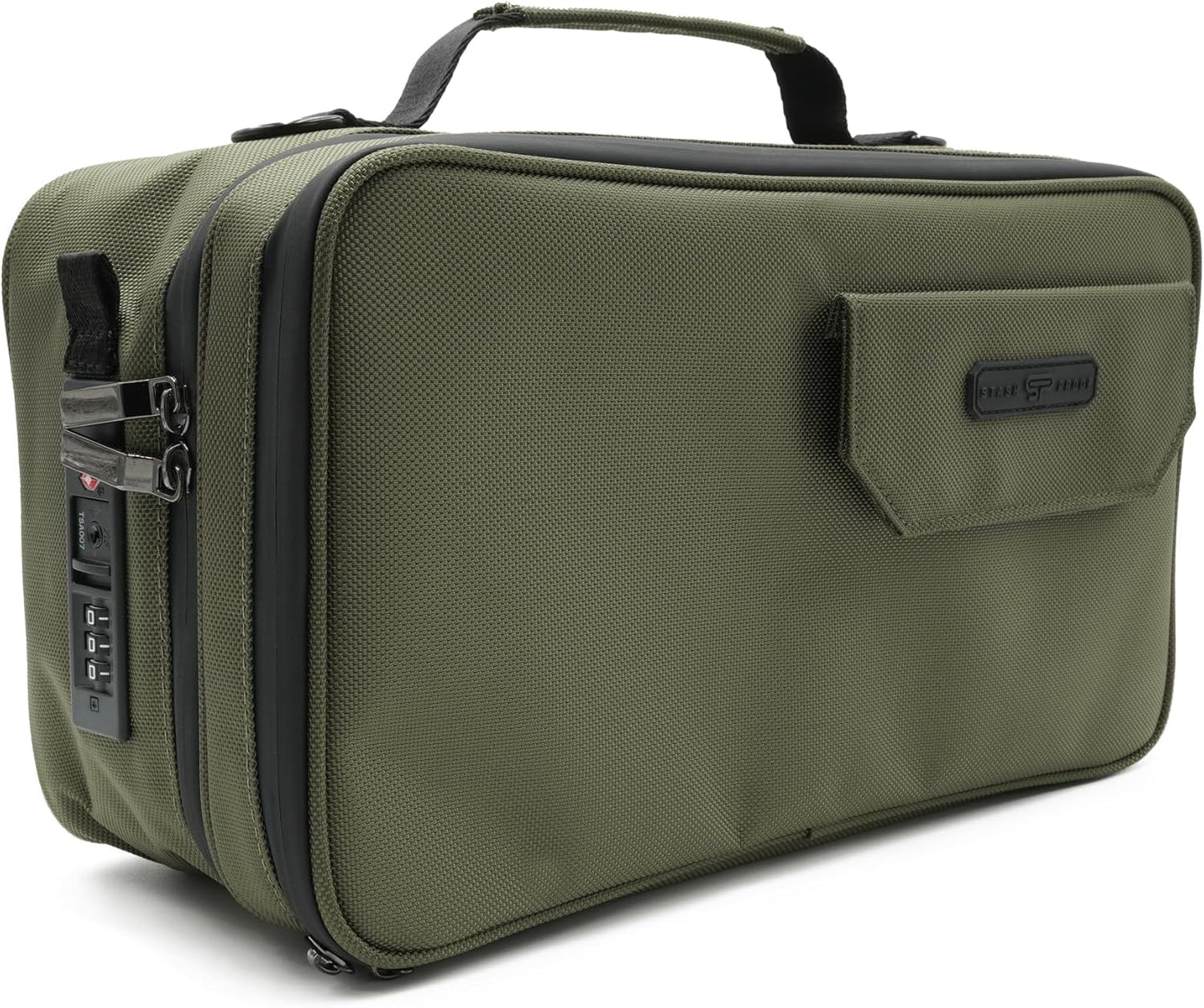 Large Storage Case with TSA Combination Lock Bag, Portable Carbon Lined, XL Medicine Lockable Box for Travel & Home Secured Box Organizer Divider Jars Accessories, Removable Tray (Green)