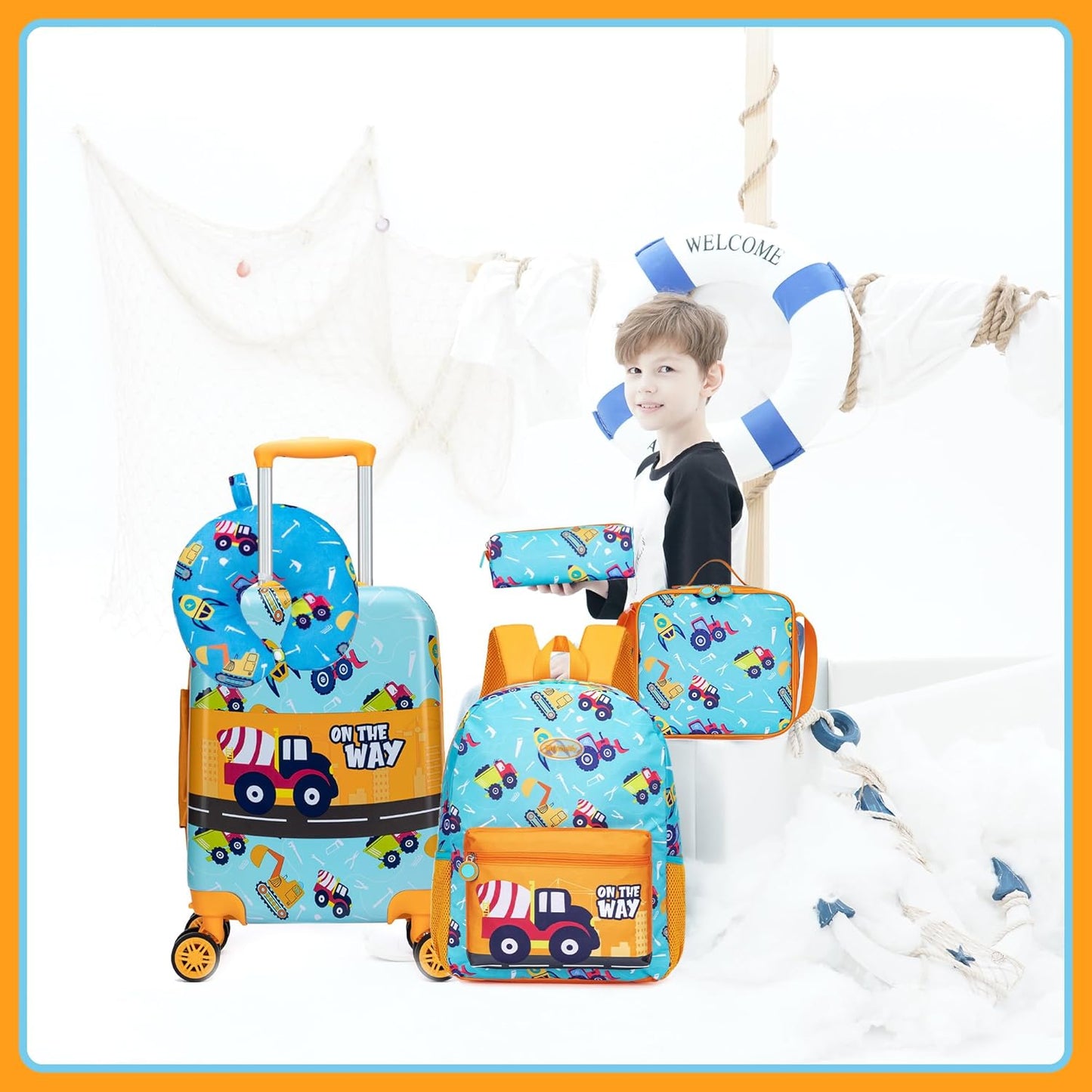 Kid’s Luggage Set 5 Piece Suitcase Set 16’’ Hardside Luggage with Spinner Wheels Girls Boys Carry on Toddler Luggage Travel Rolling Luggage Carry on Luggage Airline Approved Car