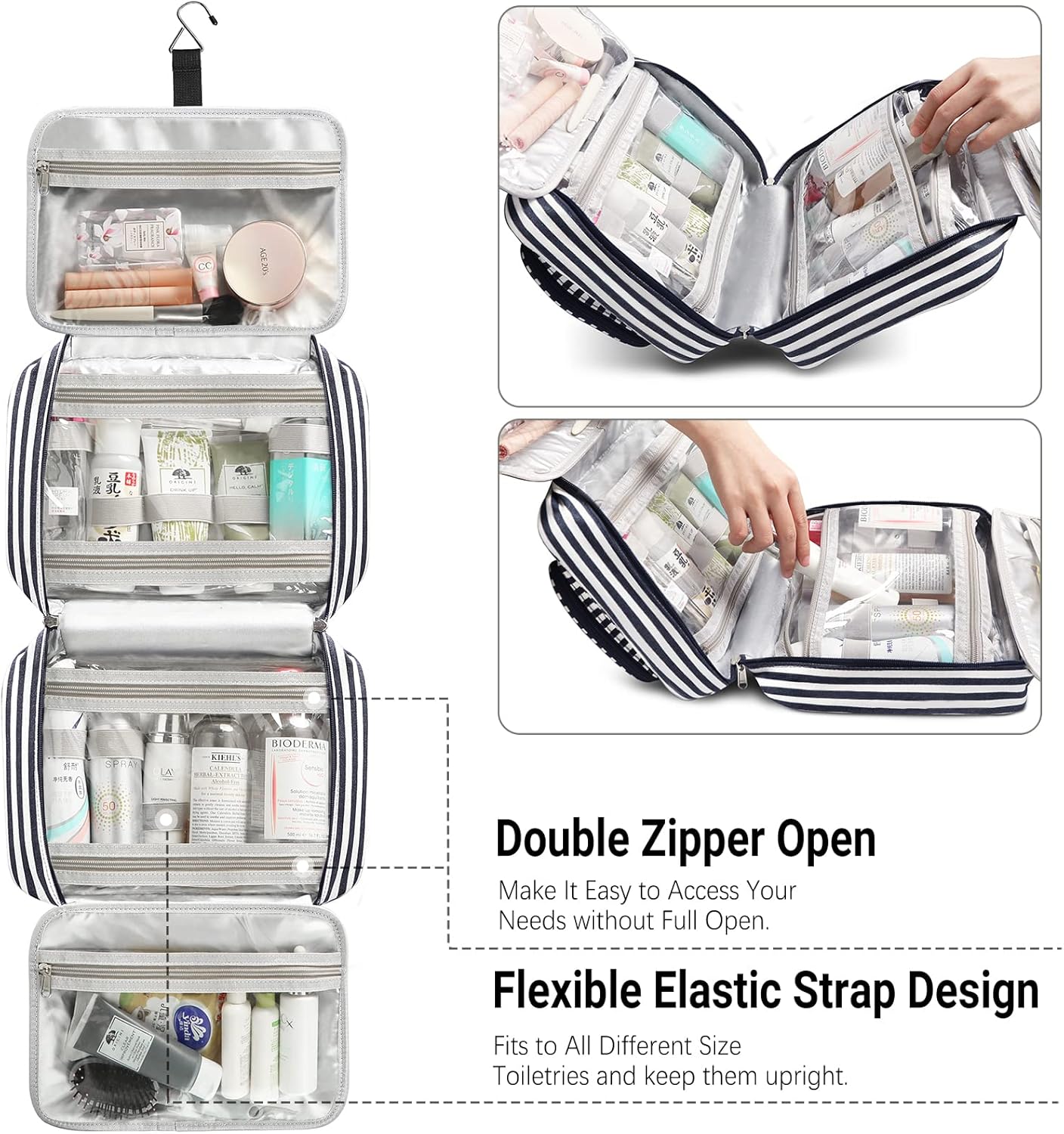 Hanging Travel Toiletry Bag,Large Capacity Cosmetic Travel Toiletry Organizer for Women with 4 Compartments & 1 Sturdy Hook,Perfect for Travel/Daily Use/Christmas