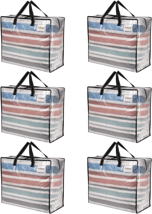 VENO 6 Pack Heavy Duty Moving Bags, Storage Bags, Packing Supplies, Top Zipper, Storage Totes for Camping, Clothes, Bedding, Comforters, Pillows (22 Gallon Clear, 6 Pack)