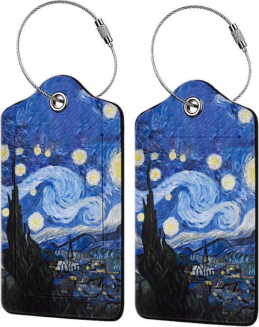 Abstract Starry Night 2 Pcs Luggage Tags,Privacy Cover ID Label with Stainless Steel Loop and Address Card for Travel Bag Suitcase