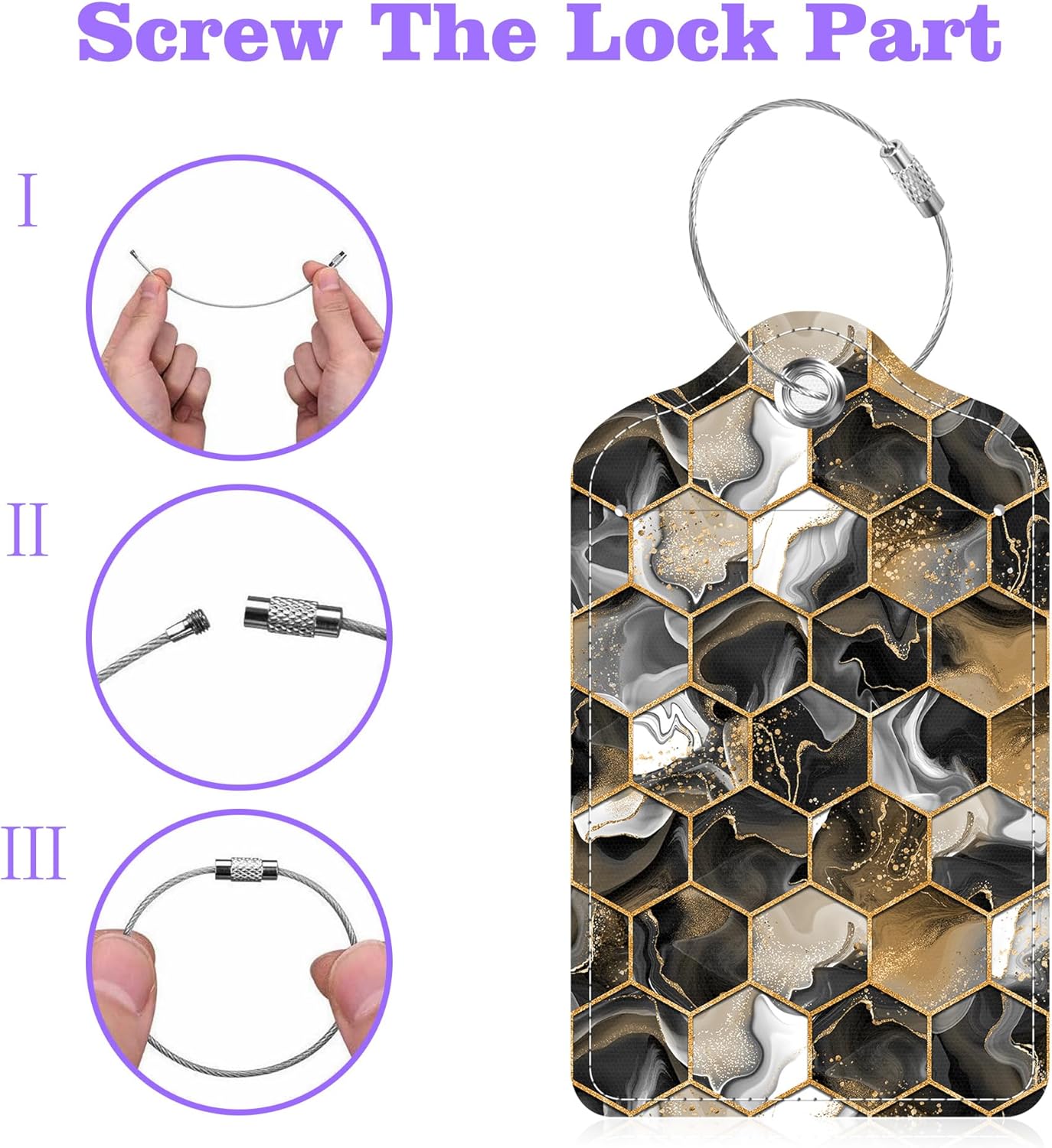 Gold Ink Hexagon Texture Luggage Tags 2PCS PU Leather Suitcases Tag with Stainless Steel Loop and Privacy Name Address Cover Label Card for Women Men Travel