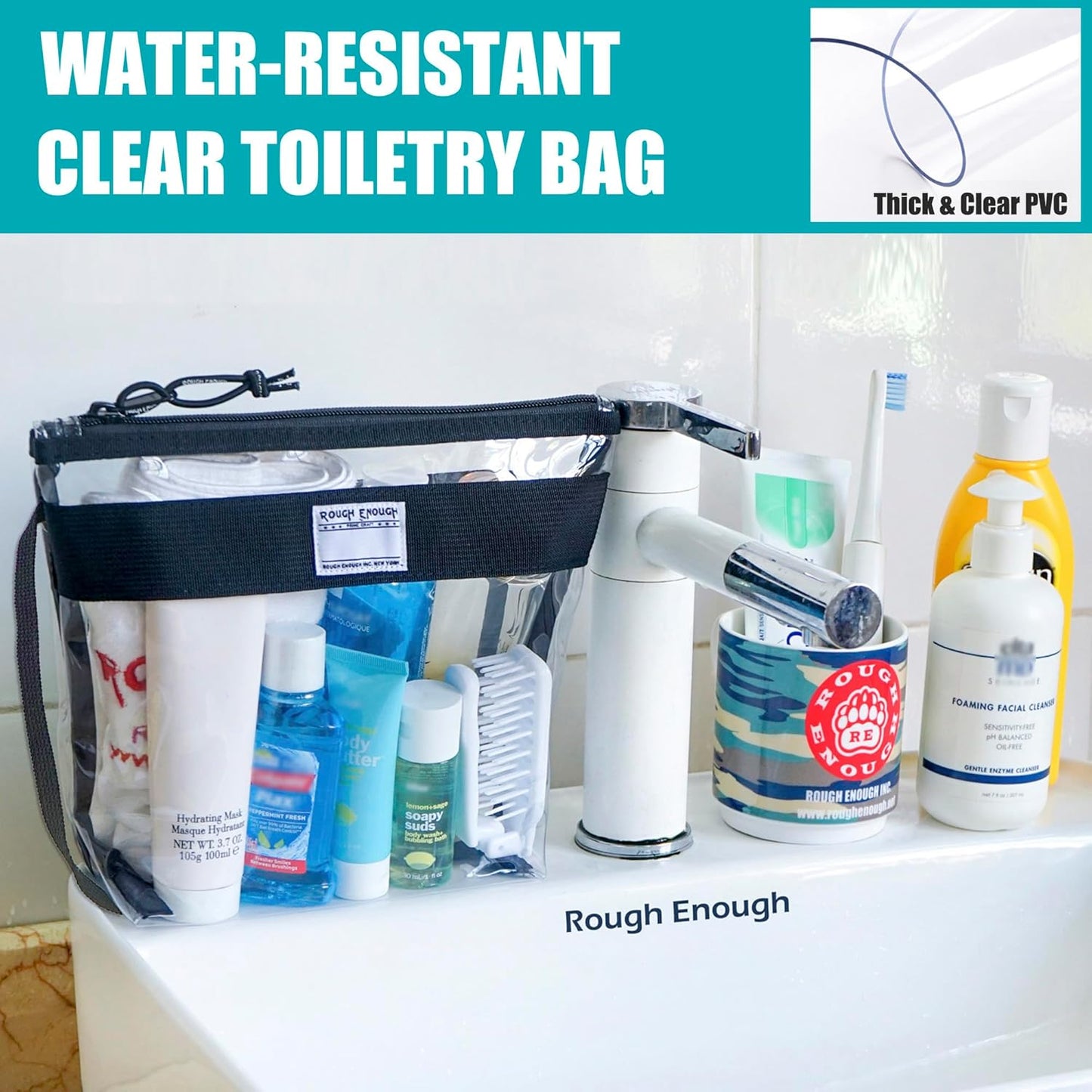 Rough Enough Clear Toiletry Bag Makeup Organizer Cosmetic Pouch with Zipper Handle for Travel Beach Essentials Storage