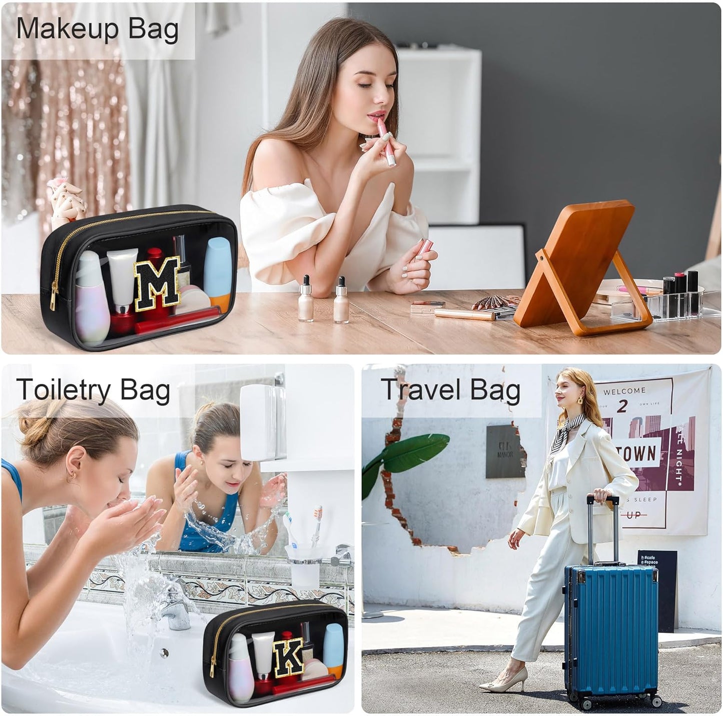YOOLIFE Travel Toiletry Bag for Women, Black Clear Makeup Bag Cute Make Up Bag for Women Cosmetic Bags Skin Care Makeup Bag Organizer Birthday Gifts for Women Teacher Mother Girlfriend Initial D