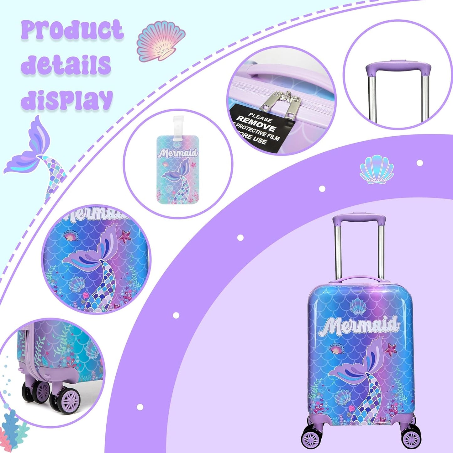 Cute Mermaid Kids Luggage Set 2 piece Kids Suitcase with Spinner Wheels 16" Childrens Luggage for Girls With Wheels Hard Shell Luggage Sets Airline Approved