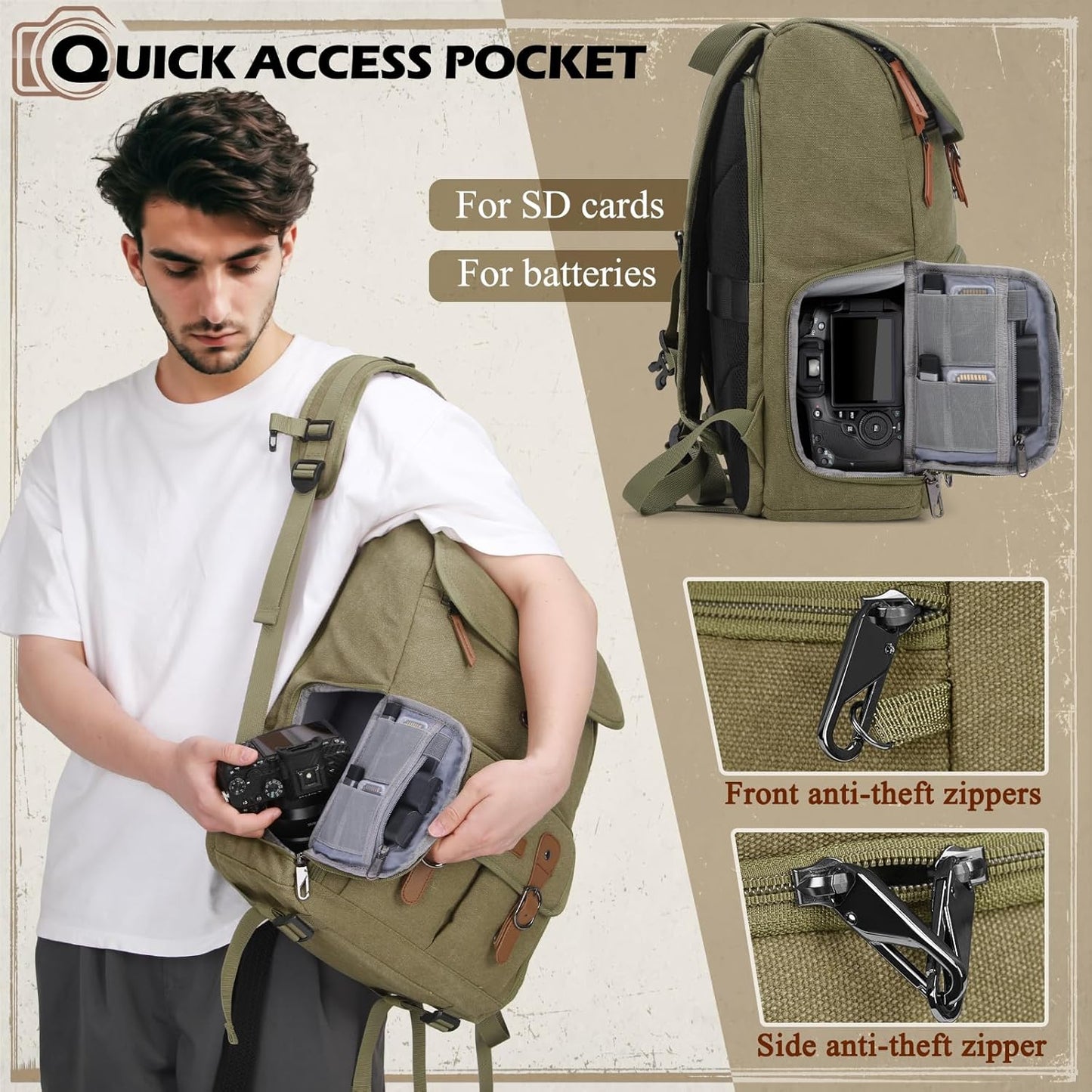 RAINSMORE Camera Bag Backpack for DSLR/SLR Mirrorless 15.6 Inch Laptop Camera Back Pack for Photographers Anti-Theft Photography Bags Case with Tripod Holder & Rain Cover, Green