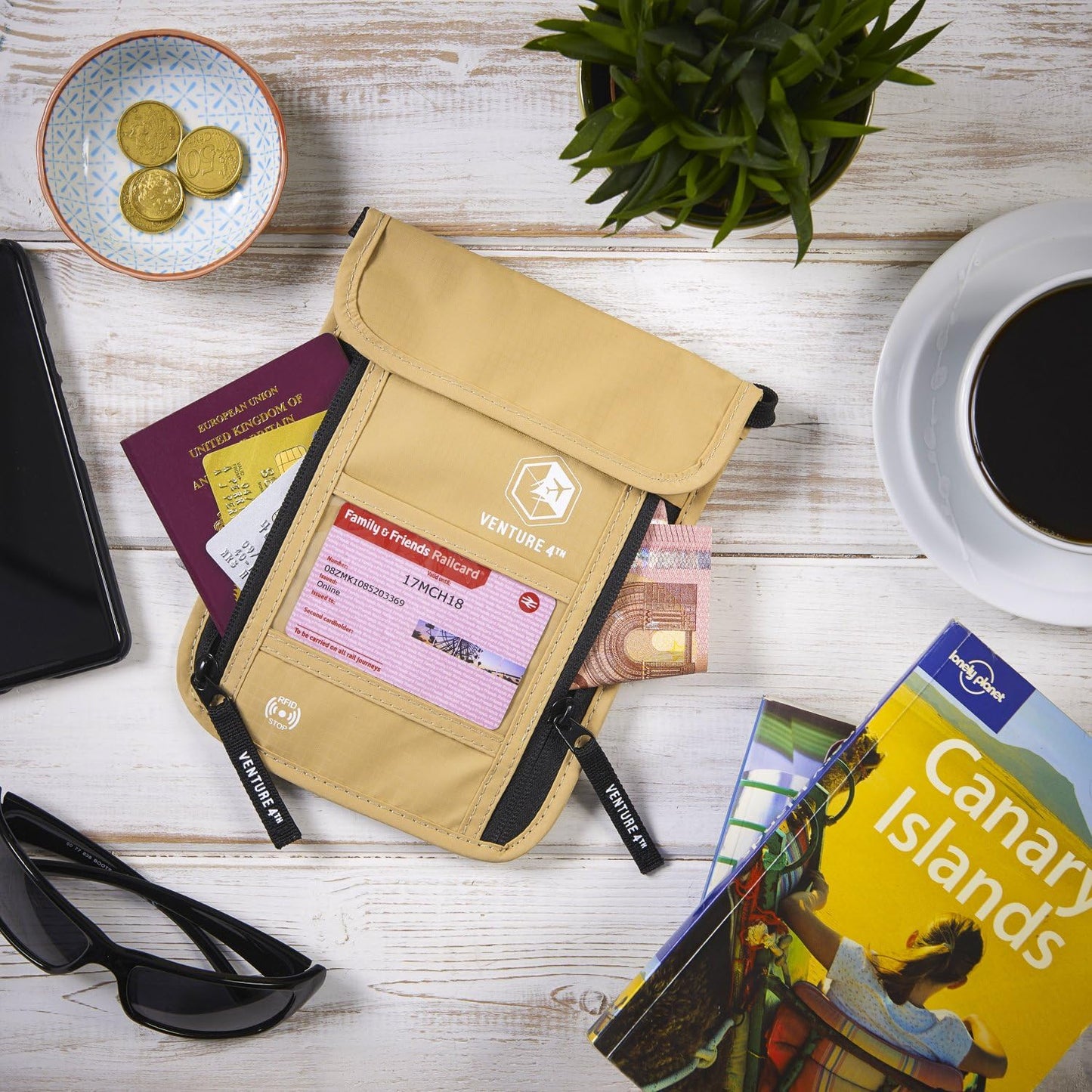 VENTURE 4TH Passport Holder Neck Wallet with RFID Blocking Nylon Lining - Hidden Neck Pouch for Travel (Beige)