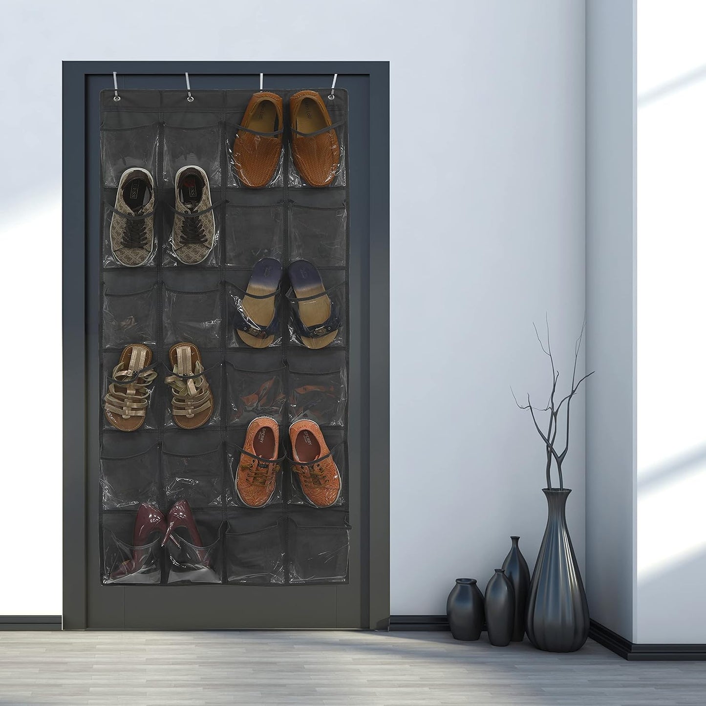 Simple Houseware 24 Pockets Large Clear Pockets Over The Door Hanging Shoe Organizer, Dark Gray (56" x 22.5")