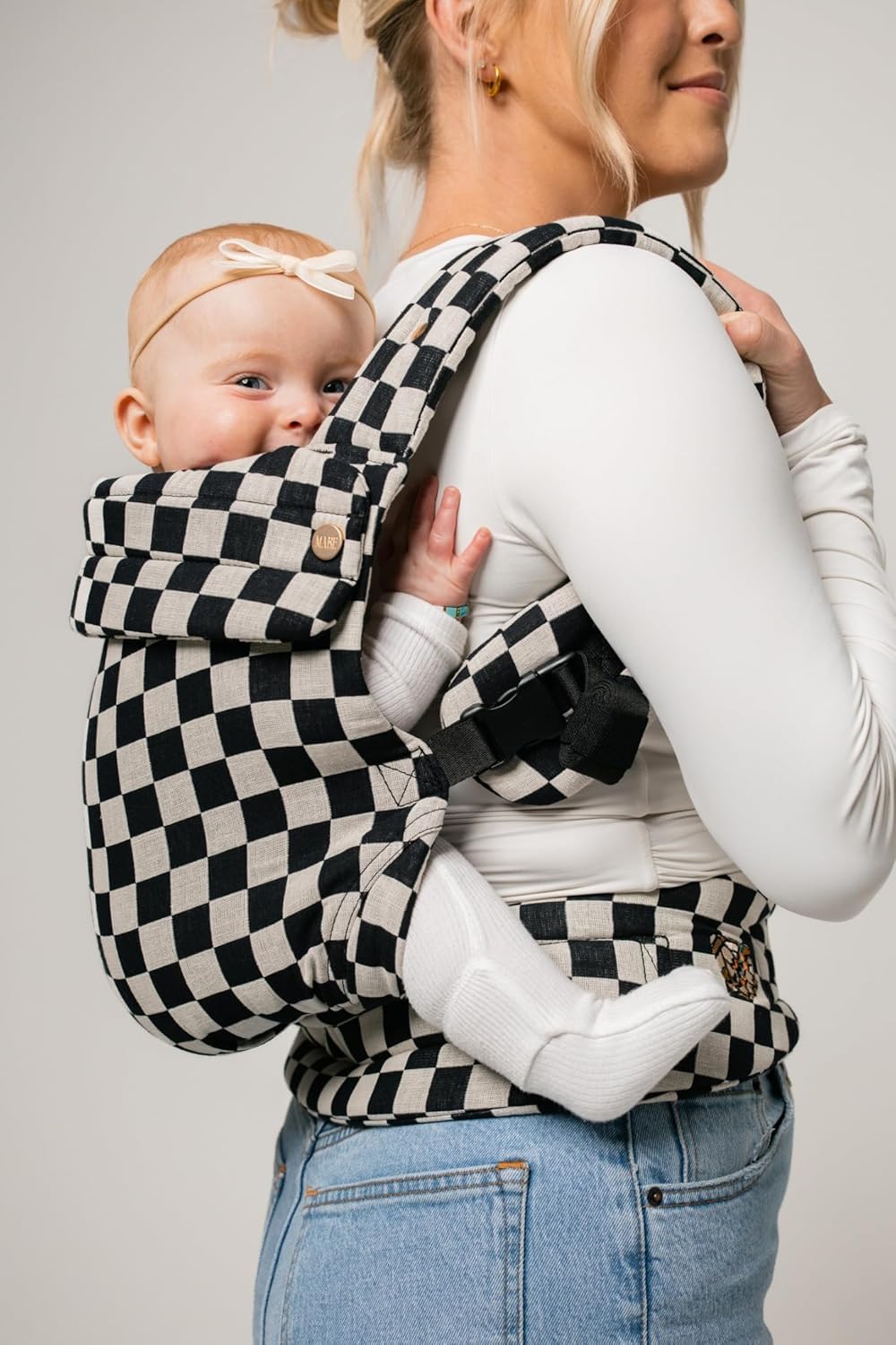 Mabē Monarch Ergonomic Baby Carrier – Premium Cotton Soft Structured Newborn to Toddler Carrier with Hip-Healthy Design, 3 Carry Positions (7-35lbs), Lightweight & Breathable, (Ebony Check)