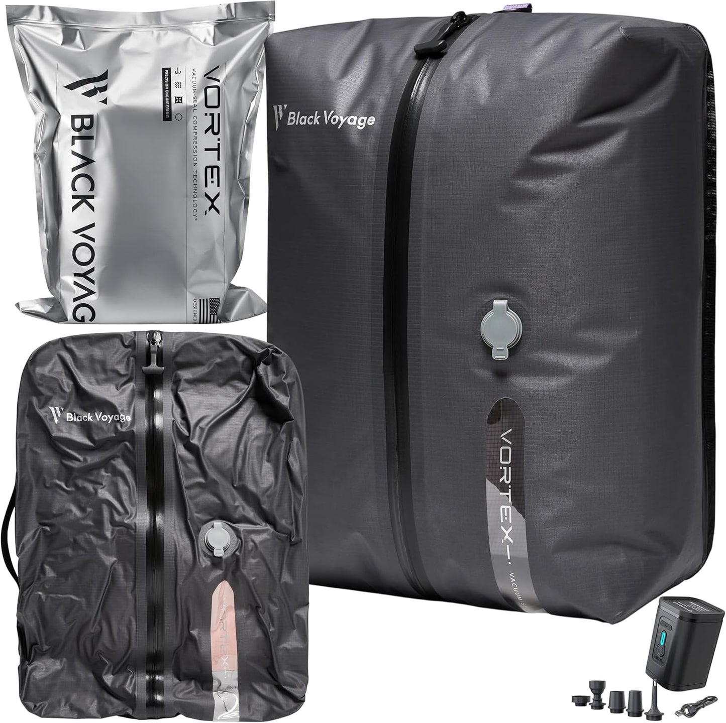 Black Voyage Reusable Vacuum Compression Travel Bag for Carry-On Suitcase and Backpack, Recycled IP67 Waterproof Space Saver Vacpack (1-Pack, 18L - Pump Included)