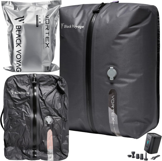 Black Voyage Reusable Vacuum Compression Travel Bag for Carry-On Suitcase and Backpack, Recycled IP67 Waterproof Space Saver Vacpack (1-Pack, 18L - Pump Included)