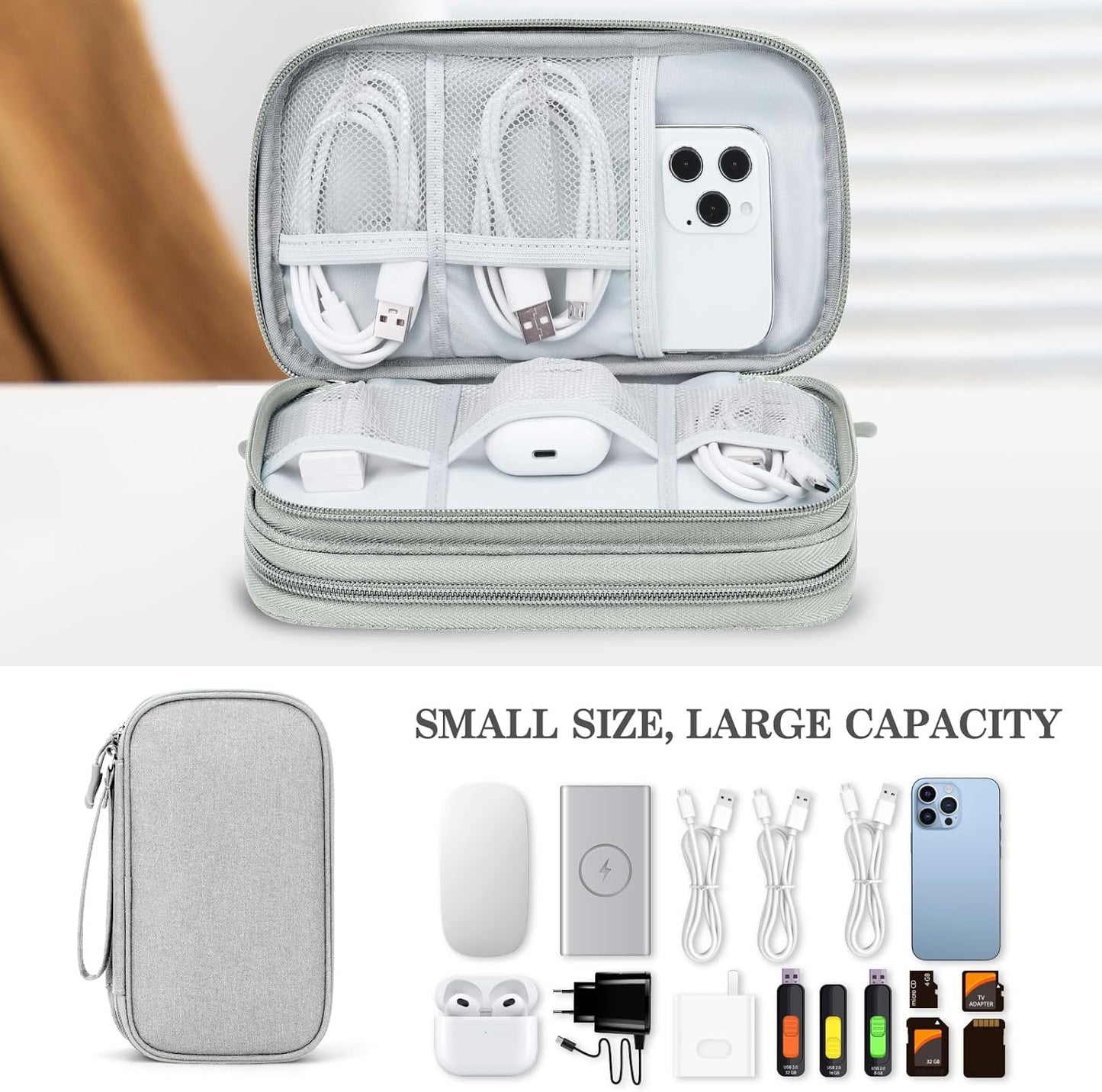 FYY Travel Electronic Cable Organizer Bag, Pouch Electronic Accessories Carry Case Portable Waterproof Double Layers Storage Bag for Cable, Cord, Charger, Phone, Earphone, Medium Size, Grey