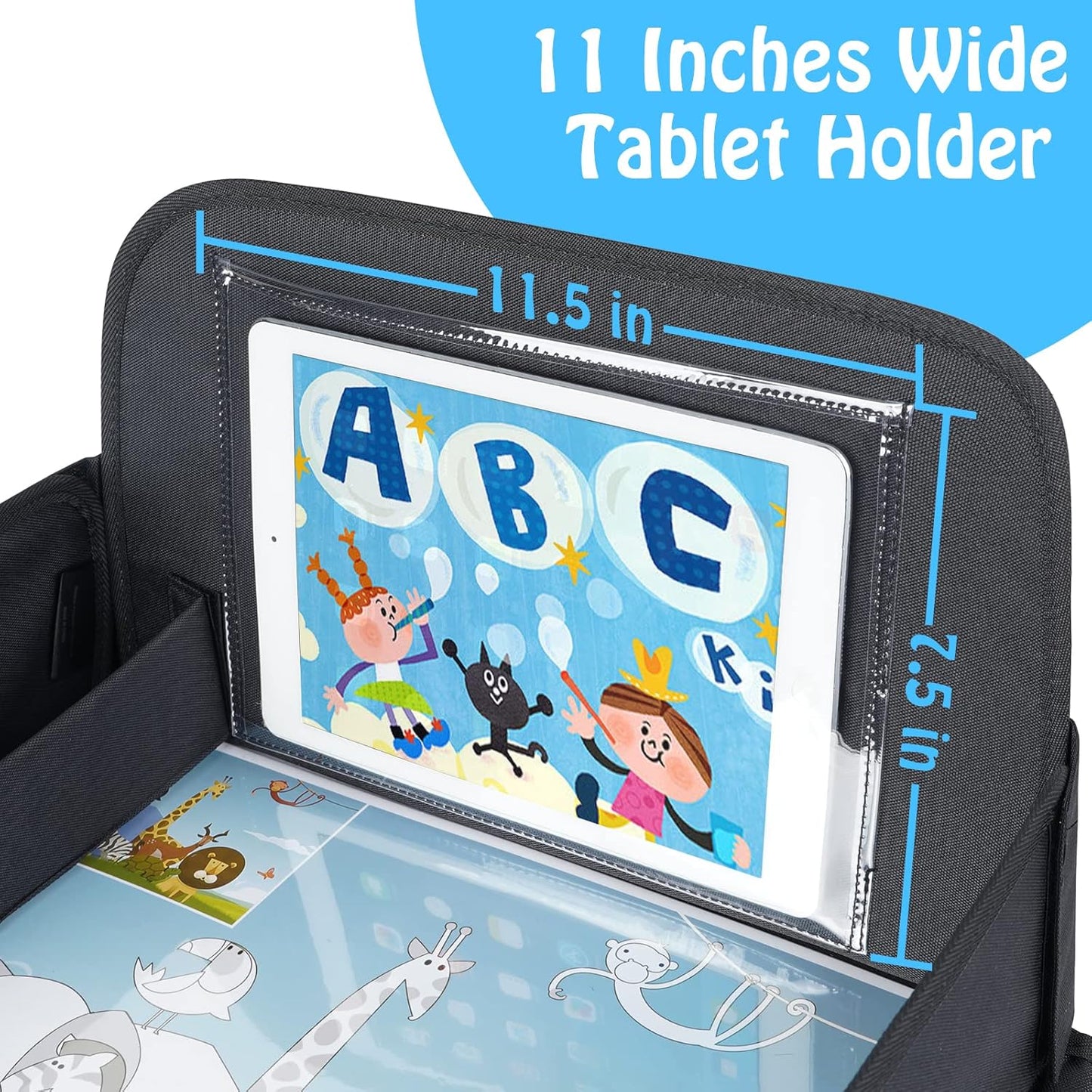 MENZOKE Kids Travel Tray, Travel Tray for Kids Car Seat with Educational Drawing Board, Tablet Holder & Cooler Cup Holder, Portable Road Trip Essentials Child's Gifts for Car Trip, Airplane, Black