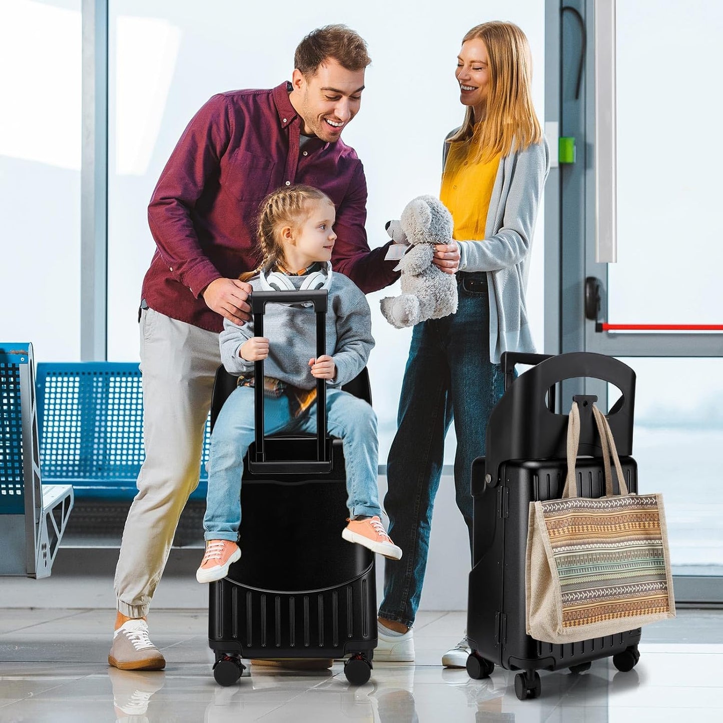 20 Inch Ride on Luggage with Seat for Kids Top Opening Aluminum Frame Suitcase with Spinner Wheels Locks for Travel(Black)