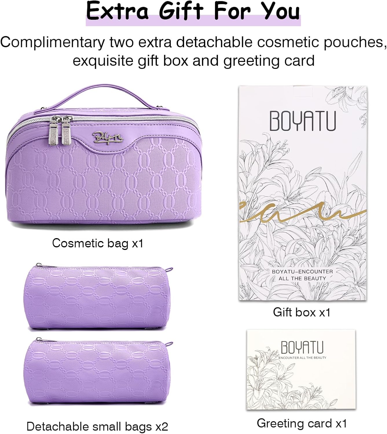 BOYATU Travel Makeup Bag for Women: Cosmetic Organizer Bag with Compartments - Leather Make up Bags Set of 3 (Purple)