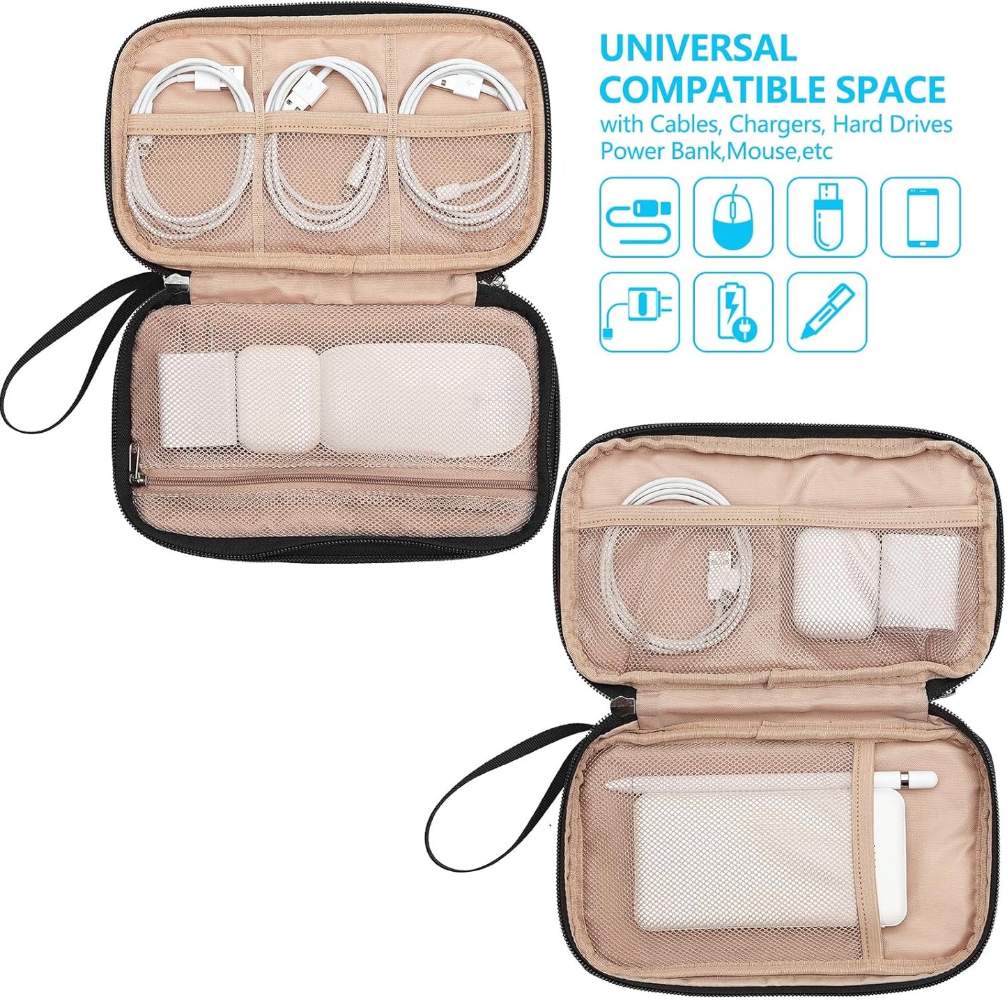 NISHEL Travel Cord Organizer Case, Double Layers Tech Electronic Bag, Essentials for Charger, Cable, Phone, Flash drive, Black