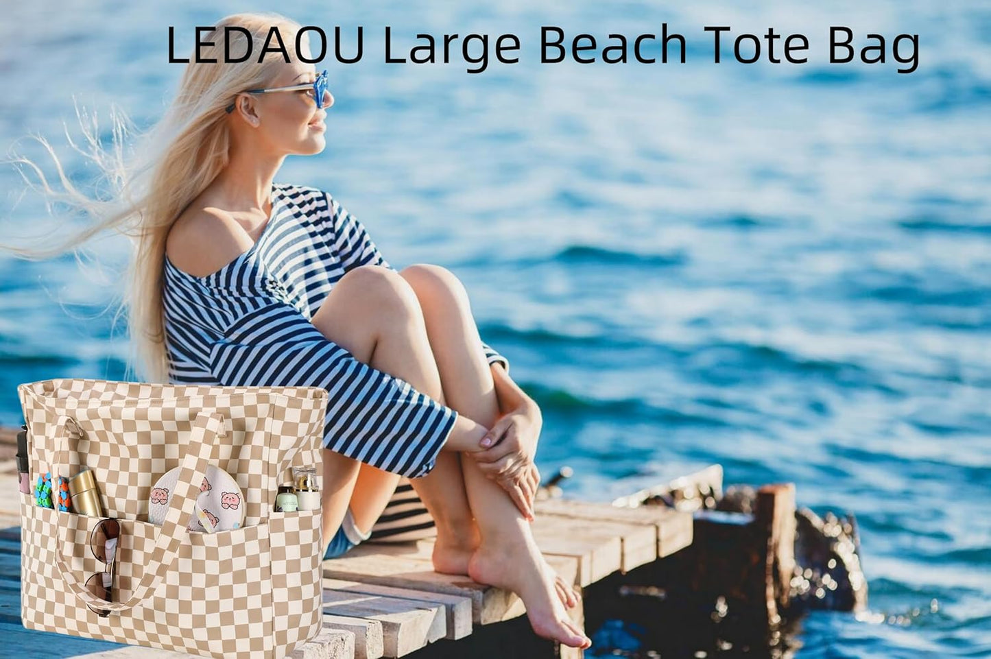 LEDAOU Large Beach Tote Bag Women Waterproof Sandproof Zipper Beach Tote Bag for Pool Gym Grocery Travel with Wet Pocket