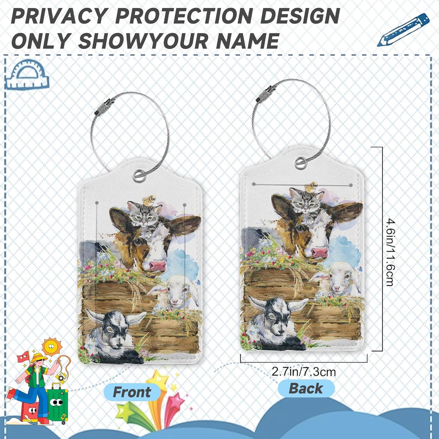 2 Pack Luggage Tags for Suitcases Cute Cow Cat Chicken Sheep Luggage Tag,Leather Stainless Steel Loop Label Tag for Men Women Travel Bag Suitcase