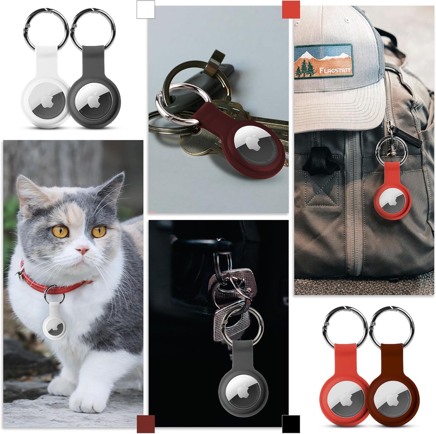 Apple AirTag 4 Pack Shockproof, Dustproof & Washable Cases, Silicon Holders with Accessories for Wallets, Luggage, Pet Collars, Key Finders (White - Gray - Orange - Maroon)