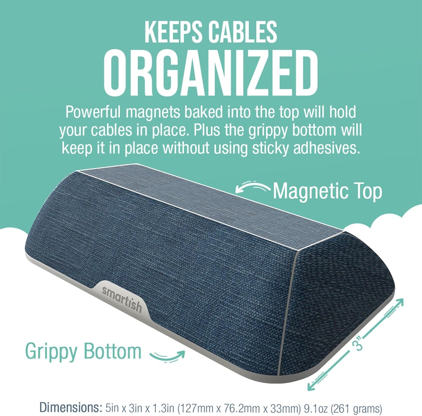 Smartish® Magnetic Cord Holder - Bigger Cable Wrangler Organizer with Magnet Clips for Charger Management on Desktop, Nightstand, or Side Table - Holds 6+ Cables - Blue Jeanie