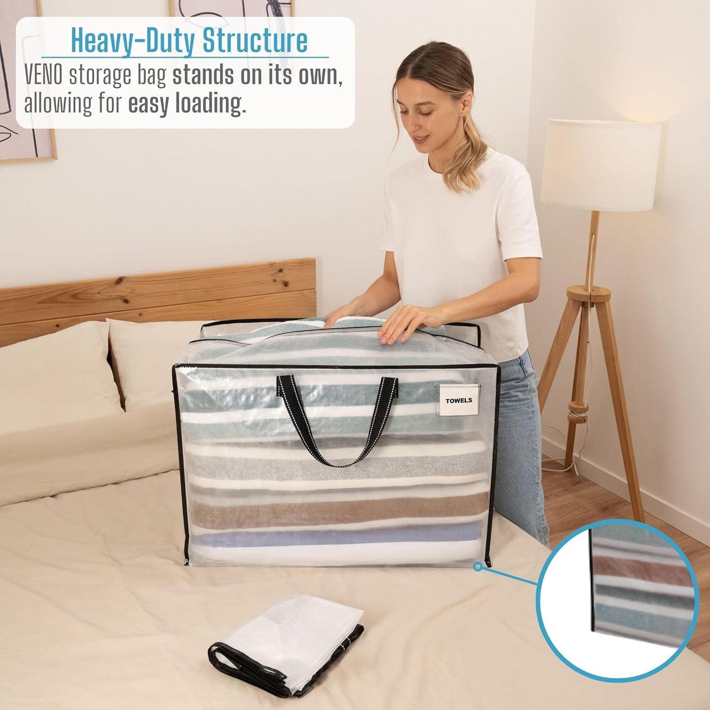 VENO 4 Pack Heavy Duty Moving Bags, Storage Bags, Packing Supplies, Top Zipper, Storage Totes for Camping, Clothes, Bedding, Comforters, Pillows (27 Gallon Clear, 4 Pack)