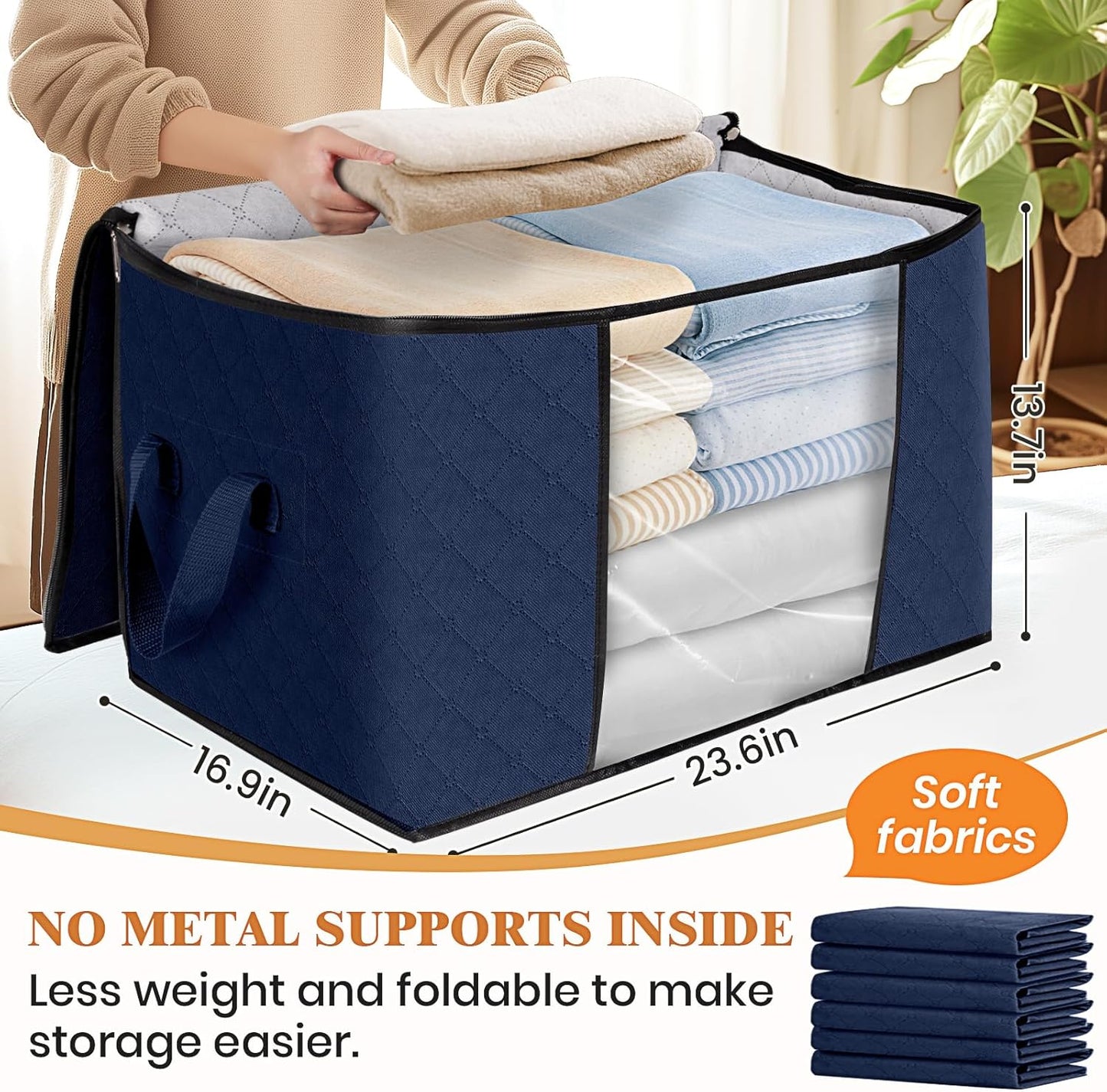 Fab totes 24 Gallons Clothes Storage, Foldable Thick Fabric Blanket Storage Bags, Containers for Organizing Bedroom, Closet, Clothing, Comforter, Organization with Handle (3 Pack,Blue)
